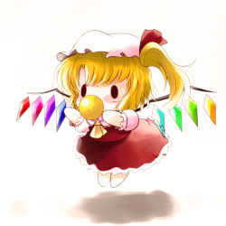 Rule 34 | 1girl, ascot, blonde hair, chibi, female focus, flandre scarlet, floating, full body, hat, highres, o o, pacifier, short hair, side ponytail, simple background, solo, touhou, white background, wings, yume shokunin