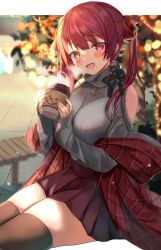Rule 34 | 1girl, alternate costume, anchor symbol, black thighhighs, blurry, blurry background, blush, bow, breasts, christmas tree, clothing cutout, coat, coffee cup, commentary, cup, disposable cup, drink, fang, grey sweater, hair ribbon, heterochromia, highres, holding, holding drink, hololive, houshou marine, jewelry, looking at viewer, medium breasts, medium hair, miniskirt, necklace, off shoulder, open clothes, open coat, open mouth, plaid, plaid coat, pleated skirt, red coat, red eyes, red hair, red skirt, ribbed sweater, ribbon, satoupote, shoulder cutout, sitting, skin fang, skirt, sleeves past wrists, smile, solo, sweater, thighhighs, thighs, turtleneck, turtleneck sweater, twintails, virtual youtuber, yellow eyes, zettai ryouiki