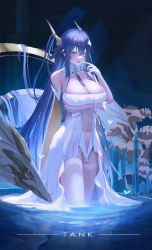 Rule 34 | 1girl, absurdly long hair, absurdres, alternate hair color, arms under breasts, artist name, azur lane, bare shoulders, breast hold, breasts, cleavage, collar, detached collar, dress, finger to mouth, garter straps, gloves, green eyes, hair between eyes, half gloves, highres, horns, huge breasts, indomitable (azur lane), long hair, looking at viewer, purple hair, revealing clothes, see-through, see-through legwear, thighhighs, top tank, very long hair, wading, white collar, white dress, white garter straps, white gloves, white thighhighs, yellow eyes