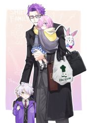 Rule 34 | 1girl, 2boys, aged down, alternate costume, bespectacled, carrying, child, child carry, contemporary, dress, fate/grand order, fate (series), father and daughter, father and son, fou (fate), galahad (fate), glasses, hair over one eye, lancelot (fate/grand order), light purple hair, mash kyrielight, multiple boys, plaid, purple eyes, purple hair, school uniform, short hair, white hair, yellow eyes