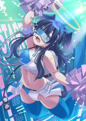 Rule 34 | 1girl, air bubble, animal ears, black hair, blue archive, blue eyes, breasts, bubble, cheerleader, cleavage, commentary request, commission, dog ears, dog tail, halo, halterneck, hibiki (blue archive), hibiki (cheer squad) (blue archive), highres, holding, holding pom poms, long hair, looking at viewer, medium breasts, millennium cheerleader outfit (blue archive), navel, nikulas cage, official alternate costume, open mouth, pixiv commission, pom pom (cheerleading), pom poms, safety glasses, solo, star (symbol), tail, underwater, yellow halo