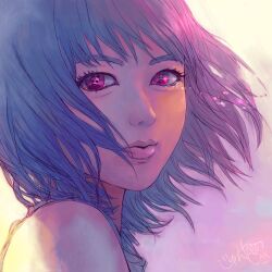 Rule 34 | 1girl, aegyo sal, blue hair, commentary request, from side, highres, junya17live, lips, looking at viewer, medium hair, original, pink eyes, portrait, signature, solo, symbol-shaped pupils, tears
