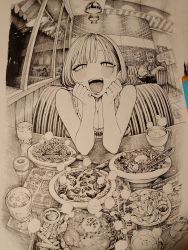 Rule 34 | 1girl, 2boys, bare shoulders, blush, bob cut, booth seating, breasts, brick wall, cleavage, cup, diner, drinking glass, eyelashes, fisheye, food, fork, french fries, frills, glass, greyscale, hatching (texture), highres, hirune (imomonono), indoors, ink pen, looking at viewer, menu, monochrome, multiple boys, nib pen (medium), nib pen (object), open mouth, original, pasta, pen, photo (medium), pov, reflection, short hair, sitting, slit pupils, solo focus, spaghetti, steam, striped, table, teeth, tongue, traditional media, upper teeth only