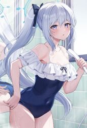 Rule 34 | 1girl, absurdres, adjusting clothes, adjusting swimsuit, ass, blue archive, bow, covered navel, frilled one-piece swimsuit, frills, hair bow, halo, highres, holding, holding shower head, kurousagi yuu, looking at viewer, mirror, miyako (blue archive), miyako (swimsuit) (blue archive), one-piece swimsuit, parted lips, purple eyes, reflection, shower head, showering, solo, swimsuit, tile wall, tiles, water, wet, white hair