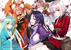 Rule 34 | 5girls, animal ears, animal hands, aqua hair, bell, black gloves, bodysuit, braid, breasts, bridal veil, cat paws, closed eyes, collar, dragon horns, dress, fangs, fate/apocrypha, fate/grand order, fate (series), fingerless gloves, florence nightingale (fate), fox ears, fox tail, frankenstein&#039;s monster (fate), gloves, hair over eyes, hand fan, headgear, horns, japanese clothes, jingle bell, kimono, kiyohime (fate), large breasts, loincloth, long hair, low-tied long hair, military, military uniform, minamoto no raikou (fate), motomiya mitsuki, multiple girls, neck bell, obi, open mouth, pantyhose, parted bangs, paw gloves, pink hair, purple bodysuit, purple eyes, purple hair, ribbed sleeves, rope, sash, short hair, single braid, single horn, smile, tabard, tail, tamamo (fate), tamamo cat (fate), tamamo cat (first ascension) (fate), uniform, veil, very long hair, white dress, white gloves, yellow eyes