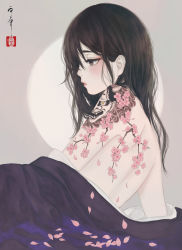 Rule 34 | 1girl, absurdres, arm support, arm tattoo, back, back tattoo, bare back, bare shoulders, brown eyes, brown hair, cherry blossoms, clothes down, commentary request, flower, flower tattoo, grey background, half-closed eyes, hannya, highres, japanese clothes, kimono, light blush, long hair, looking away, lying, original, parted lips, partially undressed, petals, pink flower, profile, purple kimono, seal impression, shoulder tattoo, signature, solo, tattoo, upper body, ushiyama ame