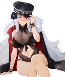 Rule 34 | 1girl, arm support, azur lane, breasts, character cutout, coat, flower, fur trim, graf zeppelin (azur lane), graf zeppelin (beachside urd) (azur lane), hair between eyes, hair flower, hair ornament, hat, highres, jacket, jacket on shoulders, large breasts, lingerie, long hair, looking at viewer, navel, one-piece swimsuit, peaked cap, red eyes, see-through, silver hair, sitting, solo, swimsuit, underwear, very long hair, white background, wristband, yueguang zhanglang