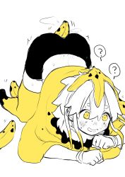 Rule 34 | 1boy, ?, all fours, ass, banana, banana peel, bike shorts, blush, cape, food, fruit, highres, male focus, object on head, original, partially colored, sexually suggestive, shinagire, solo, spoken question mark, sweat, thighhighs, top-down bottom-up, yellow thighhighs