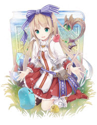 Rule 34 | 1girl, :d, atelier (series), atelier firis, blue bow, boots, bow, commentary request, crystal, full body, grass, green eyes, hair bow, ilmeria von leinweber, knee boots, kneeling, light brown hair, long hair, long sleeves, open mouth, pleated skirt, pouch, red footwear, red skirt, shirt, skirt, slime (creature), smile, solo, staff, striped, striped bow, very long hair, white shirt, yonema