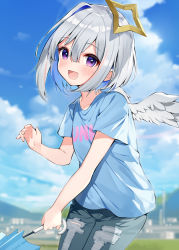 Rule 34 | 1girl, absurdres, amane kanata, angel, angel wings, asymmetrical hair, blue eyes, blue hair, blush, colored inner hair, denim, feathered wings, gradient eyes, halo, hana mori, highres, hololive, jeans, looking at viewer, mini wings, multicolored eyes, multicolored hair, open mouth, outdoors, pants, purple eyes, shirt, short hair, silver hair, single hair intake, smile, solo, star halo, t-shirt, torn clothes, torn jeans, torn pants, umbrella, virtual youtuber, wings