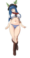Rule 34 | 1girl, adapted costume, alternate breast size, belly, black hat, blue hair, breasts, crop top, food, fruit, full body, hat, hinanawi tenshi, large breasts, large hat, long hair, looking at viewer, meranie, midriff, no pants, panties, peach, red eyes, simple background, solo, stomach, touhou, underwear, white background