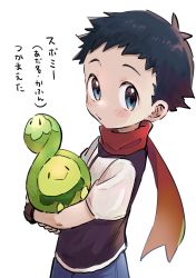 Rule 34 | 1boy, absurdres, antenna hair, black hair, black vest, blue eyes, blue pants, blush, budew, closed mouth, commentary, creatures (company), from side, game freak, gen 4 pokemon, highres, holding, holding pokemon, looking at viewer, looking to the side, lucas (pokemon), male focus, mikanbako (aitatadon3), nintendo, pants, pokemon, pokemon (creature), pokemon dppt, red scarf, scarf, shirt, short hair, short sleeves, simple background, symbol-only commentary, translation request, vest, white background, white shirt