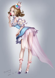 Rule 34 | 1girl, armlet, bobo1983, bow, bowtie, brown hair, crown, dated, detached sleeves, dress, eating, frills, green eyes, heart, high heels, highres, leg ribbon, looking at viewer, looking back, original, puffy detached sleeves, puffy sleeves, ribbon, see-through, short hair, simple background, solo, star (symbol)
