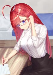 Rule 34 | 1girl, adjusting hair, ahoge, bed, black skirt, blue eyes, breasts, closed mouth, commentary request, glasses, go-toubun no hanayome, hair ornament, highres, holding, holding pen, indoors, large breasts, long hair, nakano itsuki, nyaa28, paper, pen, red-framed eyewear, red hair, shirt, shirt tucked in, sitting, skirt, sleeves rolled up, smile, solo, star (symbol), star hair ornament, white shirt