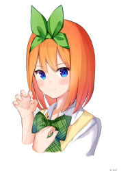 Rule 34 | 1girl, auui, blue eyes, blush, bow, claw pose, closed mouth, collared shirt, commentary request, cropped torso, go-toubun no hanayome, green bow, green ribbon, hair between eyes, hair ribbon, hands up, highres, looking at viewer, nakano yotsuba, orange hair, ribbon, shirt, simple background, smile, solo, sweater vest, upper body, white background, white shirt