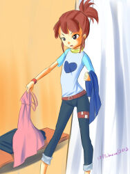 Rule 34 | 10s, 1girl, 2012, angry, belt, black pants, brown belt, brown hair, curtains, dated, digimon, digimon tamers, drantyno, dress, dressing room, february, female focus, heart, heart print, highres, holding, holding clothes, holding dress, makino ruki, open mouth, pants, pink dress, ponytail, print shirt, purple eyes, raglan sleeves, shirt, short hair, short sleeves, sleeveless, sleeveless dress, solo, white shirt