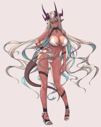 Rule 34 | 1girl, amiba (nerdamiba), aqua nails, bare shoulders, bikini, breasts, collarbone, colored eyelashes, dark-skinned female, dark skin, earrings, fate/grand order, fate (series), full body, hair between eyes, hand on own hip, highres, horns, ibuki douji (fate), jewelry, large breasts, long hair, looking at viewer, magatama, multicolored hair, nail polish, navel, oni horns, parted lips, pointy ears, red eyes, sandals, simple background, smile, swimsuit, tagme, tail, two-tone hair, very long hair