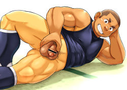 Rule 34 | 1boy, armpit hair, bara, blue tank top, bottomless, buzz cut, covered erect nipples, dark-skinned male, dark skin, ei (marutendon), flaccid, foreskin, grin, hand on penis, highres, large testicles, lying, male focus, male pubic hair, muscular, muscular male, navel hair, no pants, on side, original, pectorals, penis, penis grab, pubic hair, short hair, sideburns, sidepec, smile, solo, sweat, tank top, testicles, thick eyebrows, thick thighs, thighs, very short hair