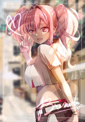 Rule 34 | 1girl, azur lane, belt, bikini, black shorts, blurry, blurry background, breasts, bremerton (azur lane), butt crack, character name, crop top, earrings, hair between eyes, hair intakes, highres, jewelry, large breasts, looking at viewer, looking back, open mouth, pink background, pink bikini, ru-ne, shorts, swimsuit, twintails, v, white belt