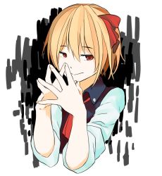 Rule 34 | 1girl, abstract background, ascot, hair between eyes, red ascot, rumia, simple background, sleeves rolled up, solo, steepled fingers, touhou, upper body, yofuraruto