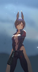Rule 34 | 1girl, android, animal ear fluff, animal ears, breasts, brown eyes, brown hair, rabbit ears, cleavage, collarbone, cropped jacket, grey jacket, gun, handgun, highres, holding, holding gun, holding weapon, hololive, jacket, kemonomimi mode, looking ahead, navel, nosir onadat, open clothes, open jacket, pistol, roboco-san, science fiction, solo, standing, underboob, virtual youtuber, weapon