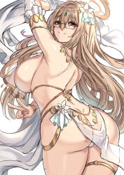 Rule 34 | 1girl, akane (blue archive), armlet, ass, blonde hair, blue archive, breasts, brown eyes, butt crack, cenangam, closed mouth, dancer, flower, from behind, glasses, hair flower, hair ornament, halo, harem outfit, highres, large breasts, long hair, looking at viewer, looking back, revealing clothes, sideboob, smile, solo, thighlet, v, very long hair