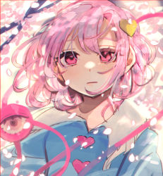 Rule 34 | 1girl, absurdres, arms at sides, blouse, blue shirt, blush, buttons, cherry blossoms, closed mouth, commentary, hair ornament, heart, heart button, heart hair ornament, highres, komeiji satori, light frown, looking at viewer, pink eyes, pink hair, pink theme, portrait, shi chimi, shirt, short hair, solo, third eye, touhou