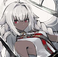 Rule 34 | 1girl, backless outfit, bare shoulders, braid, dark skin, dark-skinned female, fate/grand order, fate (series), gun, holding, holding weapon, kusakanmuri, lakshmibai (fate), long hair, looking at viewer, red eyes, rifle, sleeveless, solo, sword, unsheathed, weapon, white background, white hair