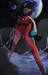 Rule 34 | artist request, character name, clenched hand, creatures (company), deoxys, deoxys (normal), earth (planet), expressionless, full body, game freak, gen 3 pokemon, highres, legendary pokemon, looking at viewer, mythical pokemon, nintendo, no humans, no mouth, planet, pokedex number, pokemon, pokemon (creature), shaded face, solo, space, standing, tentacles