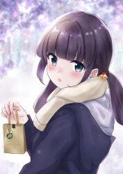 Rule 34 | 1girl, absurdres, bell, black hair, blue eyes, blurry, blurry background, blush, coat, free palet, gift, gift bag, hair bell, hair ornament, highres, holding, holding gift, hood, hood down, looking at viewer, looking back, low twintails, open mouth, original, outdoors, scarf, twintails, upper body