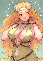 Rule 34 | 1girl, aomushi komushi, bare shoulders, breasts, circlet, cleavage, cleavage cutout, clothing cutout, collarbone, dress, feathers, final fantasy, final fantasy xiv, green background, green dress, green eyes, halter dress, halterneck, hands in hair, hands on own shoulders, hands up, head wreath, highres, large breasts, laurel crown, long hair, looking at viewer, nophica, orange hair, red pupils, simple background, sleeveless, sleeveless dress, smile, solo, standing, upper body, wavy hair, wristband