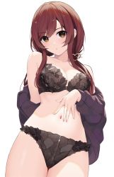 Rule 34 | 1girl, black bra, black panties, blush, bra, breasts, brown hair, cleavage, collarbone, gin00, hair ornament, heart, heart hair ornament, idolmaster, idolmaster shiny colors, jacket, long hair, looking at viewer, medium breasts, navel, open clothes, open jacket, osaki amana, panties, parted lips, simple background, solo, standing, swept bangs, twintails, underwear, white background, yellow eyes