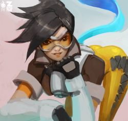 Rule 34 | 1girl, ass, brown hair, gloves, goggles, hand on own chin, leaning forward, lips, looking to the side, overwatch, overwatch 1, short hair, smile, solo, spiked hair, tracer (overwatch), waifu2x, watermark, zeronis