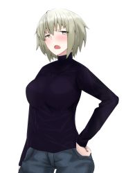 Rule 34 | 1girl, alternate hairstyle, blonde hair, blush, denim, fang, fate/grand order, fate (series), halterneck, hand on own hip, highres, jeanne d&#039;arc (fate), jeanne d&#039;arc alter (avenger) (fate), jeanne d&#039;arc alter (fate), jeans, pants, ruler (fate/grand order), short hair, simple background, solo, sweater, turtleneck, white background, yajiming, yellow eyes
