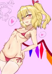 Rule 34 | 1girl, bikini, blonde hair, breasts, cameltoe, chibi, chibi inset, cleft of venus, commentary request, covered erect nipples, crystal, flandre scarlet, heart, highres, hypnosis, legion (lovers6), looking at viewer, micro bikini, mind control, one side up, pink background, red bikini, red eyes, short hair, simple background, small breasts, solo, spoken heart, swimsuit, thighhighs, touhou, white thighhighs, wings