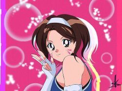 Rule 34 | 1990s (style), 1girl, dazzle d.va, arm warmers, blue tank top, brown hair, bubble background, d.va (overwatch), fingerless gloves, gloves, headband, heart, heart background, highres, le sserafim, looking at viewer, overwatch, overwatch 2, pink background, pink streaks, retro artstyle, sk (sk-jp), tank top, white sleeves