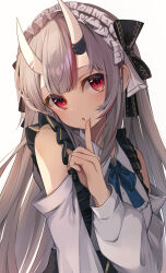 Rule 34 | 1girl, annin oekaki, blush, center frills, clothing cutout, collared shirt, finger to mouth, frilled hairband, frilled shirt, frills, grey hair, hairband, highres, hololive, horns, lolita hairband, long hair, looking at viewer, multicolored hair, nakiri ayame, nakiri ayame (girly), official alternate costume, oni, open mouth, red hair, shirt, shoulder cutout, skin-covered horns, solo, streaked hair, virtual youtuber, white background, white hairband, white shirt