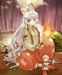 Rule 34 | 1girl, bad id, bad pixiv id, bamboo, bamboo forest, bow, collared shirt, expressionless, fire, flaming hand, forest, fujiwara no mokou, full moon, hair bow, ji (jioooooong), knee up, crossed legs, long hair, moon, nature, night, night sky, overalls, red eyes, shirt, shoes, sitting, sky, solo, touhou, white hair