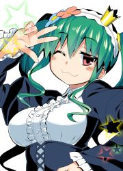Rule 34 | 10s, 1girl, :3, breasts, commentary request, crown, framed breasts, frills, green hair, hairband, kuroi ginko, large breasts, long hair, long sleeves, looking at viewer, maid, mini crown, namonashi, one eye closed, planet with, puffy sleeves, red eyes, sidelocks, solo, tilted headwear, twintails, upper body, white background