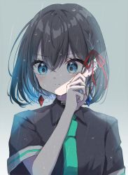 Rule 34 | 1girl, absurdres, black hair, black shirt, blue eyes, closed mouth, collared shirt, commentary request, crying, earrings, green necktie, grey background, highres, jewelry, kayon (touzoku), necktie, original, rain, shirt, short hair, short sleeves, solo, tears, upper body