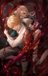 Rule 34 | 1boy, 1girl, absurdres, black necktie, black pants, blonde hair, blood, blood spray, blue jacket, chainsaw, chainsaw man, collared shirt, cross-shaped pupils, denji (chainsaw man), grey background, highres, holding, holding chainsaw, jacket, long hair, looking at viewer, necktie, open mouth, orange eyes, pants, pants rolled up, pink hair, power (chainsaw man), sharp teeth, shirt, shirt tucked in, short hair, sleeves rolled up, smile, symbol-shaped pupils, teeth, tongue, tongue out, white shirt, yellow eyes, yoruirooo777
