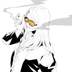 Rule 34 | 1boy, black jacket, black nails, blonde hair, blue eyes, bluespeaker, cigarette, fate/grand order, fate (series), flapper shirt, from above, holding, holding cigarette, jacket, jewelry, long hair, looking at viewer, male focus, medallion, necklace, open clothes, open jacket, orange-tinted eyewear, partially colored, shirt, simple background, smile, smoke, solo, sunglasses, tezcatlipoca (fate), tinted eyewear, upper body, white background, white shirt