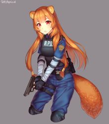 Rule 34 | 1girl, alternate costume, animal ears, blouse, blue shirt, brown hair, bsapricot, bulletproof vest, collared shirt, cosplay, crossover, grey background, h&amp;k vp70, heckler &amp; koch, highres, holding, layered sleeves, long sleeves, pants, police, police uniform, policewoman, raccoon ears, raccoon girl, raphtalia, red eyes, resident evil, resident evil 2, shirt, short over long sleeves, short sleeves, simple background, solo, tate no yuusha no nariagari, thigh strap, transforming weapon, two-handed, uniform, vest