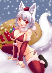 Rule 34 | 1girl, animal ears, bikini, blush, box, breasts, christmas, cleavage, detached sleeves, front-tie bikini top, front-tie top, fur trim, gift, gift box, hat, highres, inubashiri momiji, large breasts, looking at viewer, open mouth, pom pom (clothes), red bikini, red eyes, red thighhighs, sack, short hair, side-tie bikini bottom, solo, swimsuit, tail, thighhighs, tokin hat, touhou, white hair, wolf ears, wolf tail, wolflong