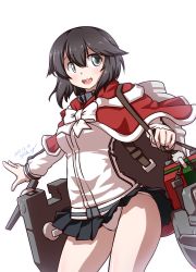 Rule 34 | 1girl, 547th sy, artist name, black hair, black skirt, capelet, cowboy shot, dated, fur-trimmed capelet, fur trim, gym shirt, hayasui (kancolle), highres, jacket, kantai collection, machinery, miniskirt, panties, pleated skirt, red capelet, shirt, short hair, grey eyes, simple background, skirt, solo, track jacket, underwear, white background, white panties