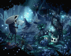 Rule 34 | bell, bug, butterfly, egg, electricity, firefly, flying, grass, hollow eyes, hollow knight, insect, knight (hollow knight), lance, leaf, lying, mamoru mikokoro, map, mask, mushroom, nature, no humans, paper, plant, polearm, quirrel, sleeping, standing, sunlight, the last stag, tree, vines, weapon, wings