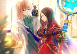 Rule 34 | 1boy, 1girl, :d, blue gloves, blurry, blurry background, blurry foreground, brown hair, brown shirt, closed eyes, commentary request, cup, depth of field, elbow gloves, fate/grand order, fate (series), gauntlets, gloves, green eyes, hair between eyes, holding, holding cup, holding staff, indoors, kagachi saku, lab coat, leonardo da vinci (fate), light brown hair, long hair, long sleeves, looking at another, looking away, open clothes, open mouth, parted bangs, pleated skirt, ponytail, profile, puff and slash sleeves, puffy short sleeves, puffy sleeves, red skirt, romani archaman, shirt, short sleeves, signature, single gauntlet, skirt, smile, staff, very long hair