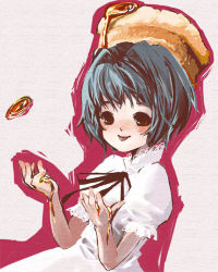 Rule 34 | 1girl, :p, bisuke-tan, blue hair, brown eyes, kfc, lowres, object on head, short hair, smile, solo, tongue, tongue out