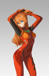 Rule 34 | 1girl, absurdres, artist request, ass, blue eyes, bodysuit, breasts, brown hair, comb, curvy, expressionless, eyelashes, hair between eyes, hair down, highres, interface headset, long hair, looking at viewer, medium breasts, neon genesis evangelion, pilot suit, plugsuit, red bodysuit, shiny clothes, simple background, solo, souryuu asuka langley, very long hair, wide hips
