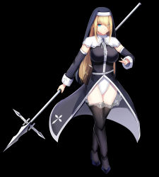 Rule 34 | 1girl, black background, blonde hair, blue eyes, breasts, capelet, closed mouth, daiaru, detached sleeves, feet, female focus, groin, habit, hair over one eye, hand up, highres, holding lance, holding polearm, holding weapon, lance, large breasts, legs, leotard, looking at viewer, nun, original, polearm, senhime bad ending after, serious, shoes, simple background, solo, standing, thighhighs, thighs, weapon
